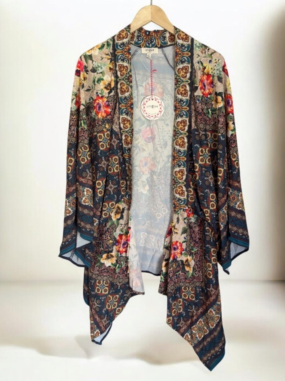 Umgee Multicolor Bohemian Print Open Kimono with Navy Accents